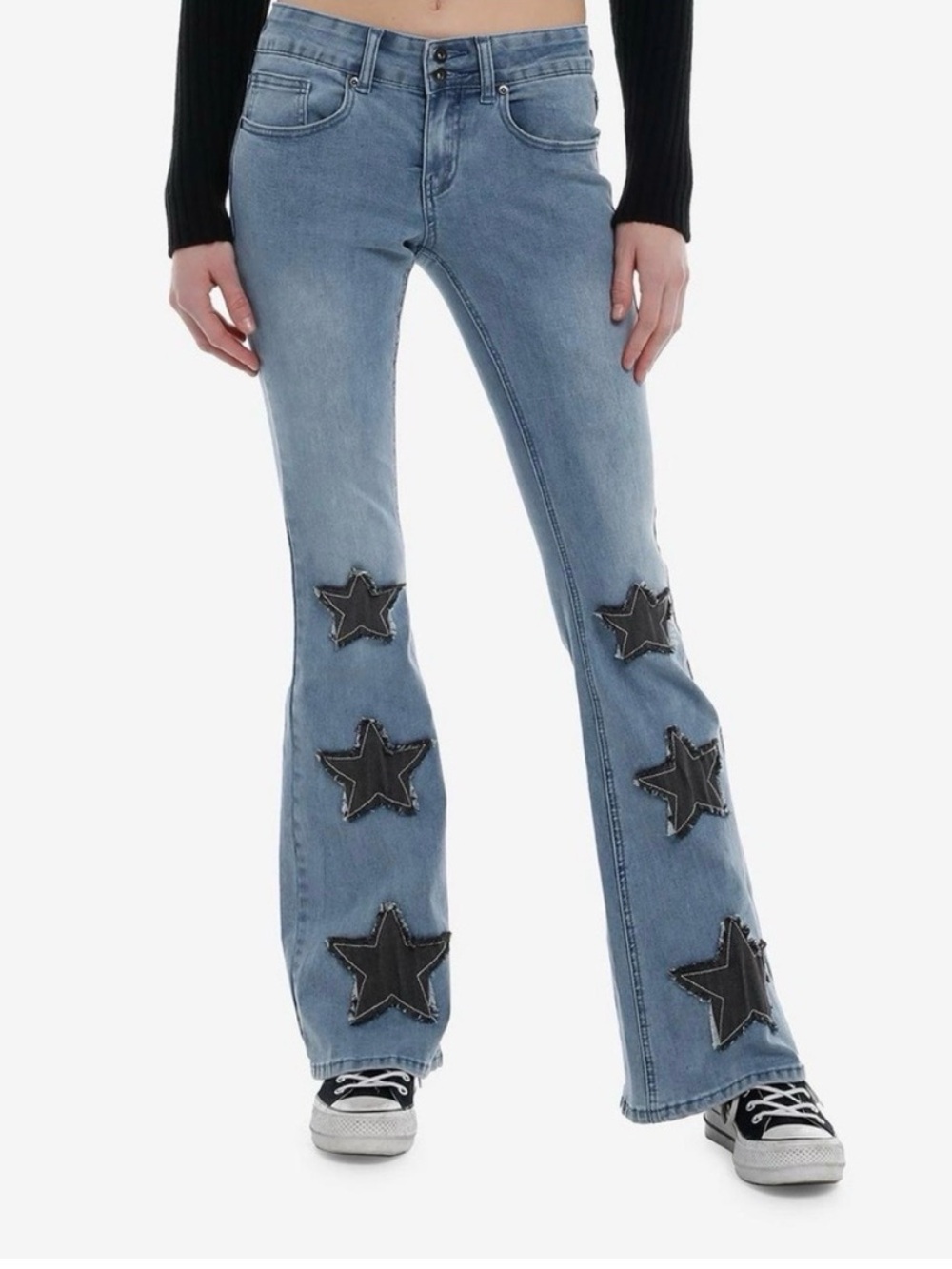 Hot Topic Flare Blue Jeans Black Star Patches Mall Goth Punk Alt
Raw Edge